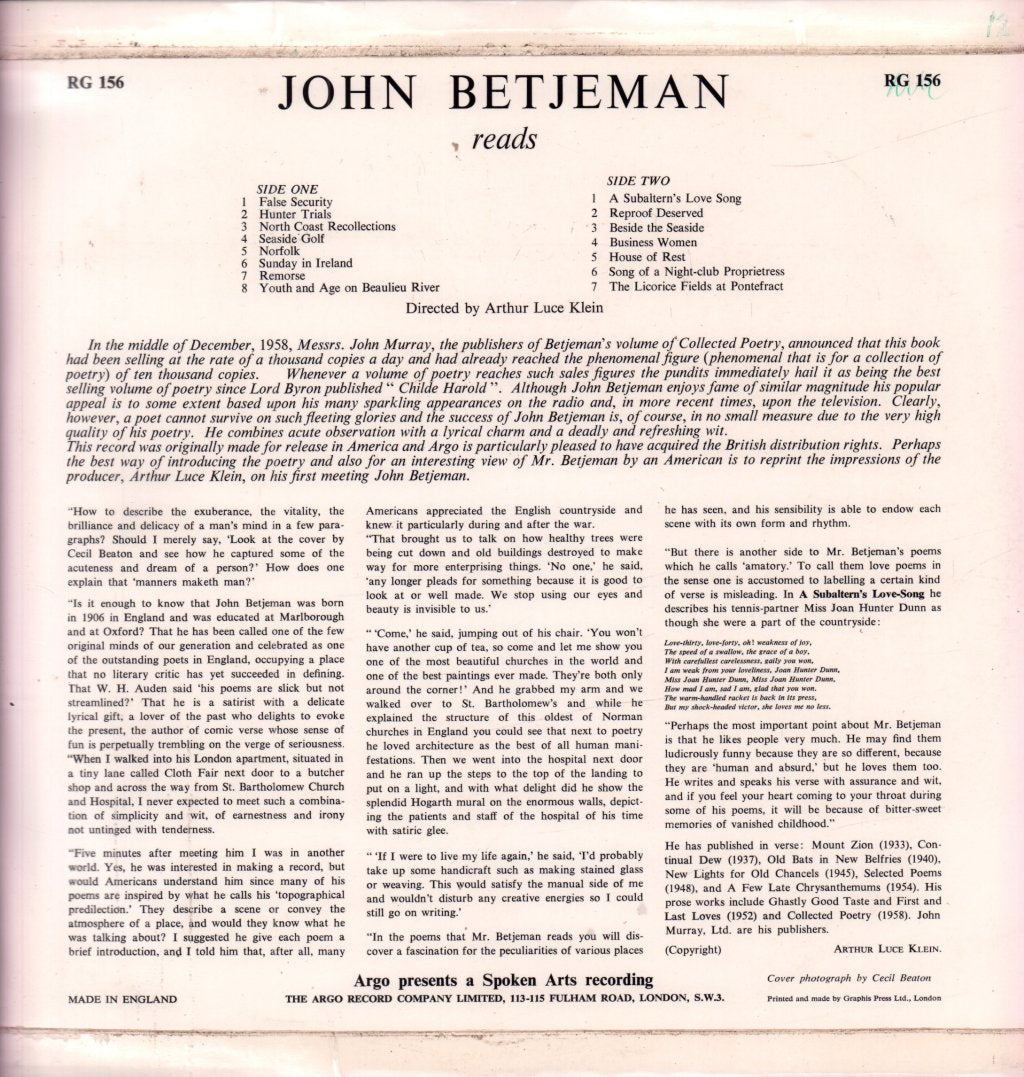 John Betjeman - Reads Selected Poetry - Lp