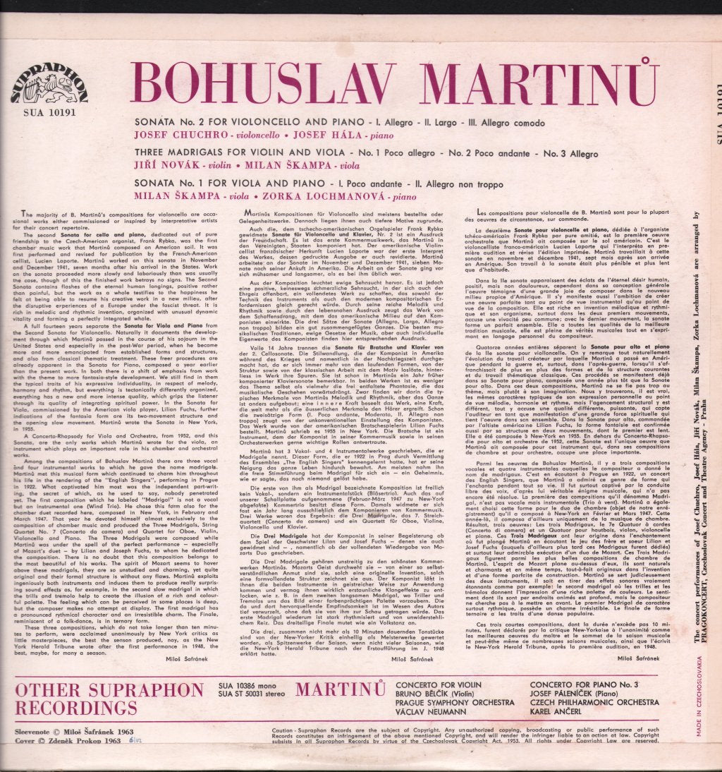 Josef Chuchro / Josef Hala / Jiri Novak / Milan Skampa / Zorka Lochmanova - Martinu - Sonata No. 2 For Violoncello And Piano / Three Madrigals For Violin And Viola / Sonata No. 1 For Viola And Piano - Lp