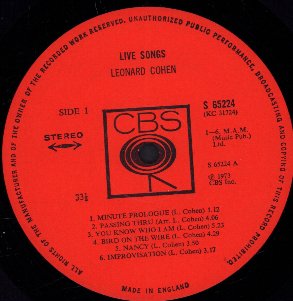 Leonard Cohen - Live Songs - Lp