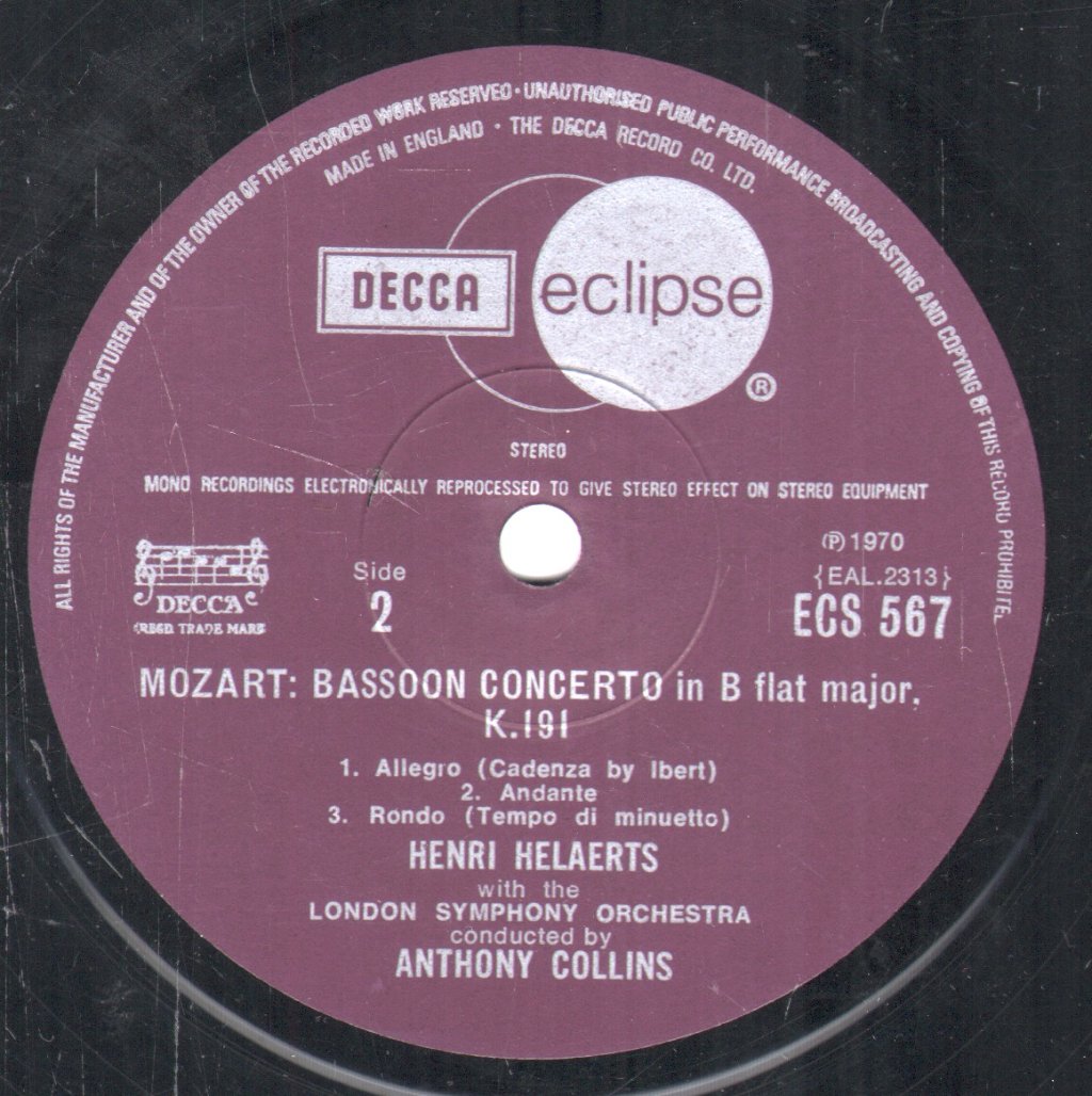 London Symphony Orchestra - Mozart Clarinet Concerto / Bassoon Concerto de peyer/helaerts - Lp