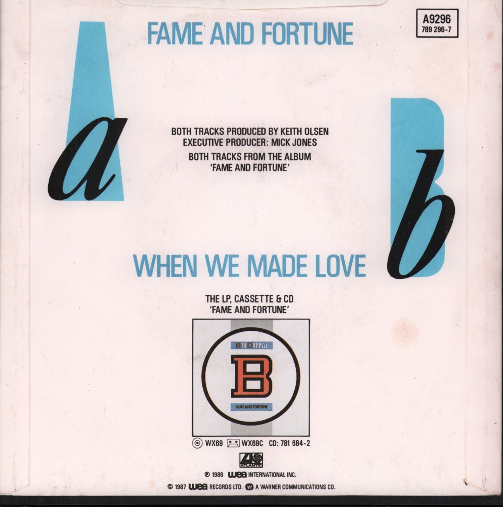 Bad Company (Rock Group) - Fame And Fortune - 7 Inch