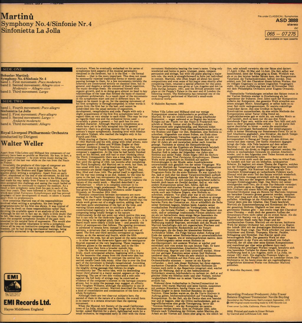 Walter Weller / Royal Liverpool Philharmonic Orchestra - Martinu - Symphony No. 4 / Sinfonietta La Jolla - Lp