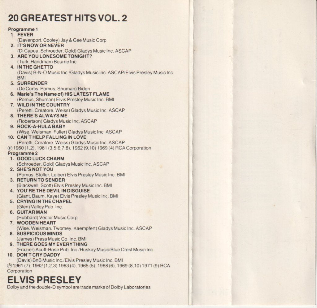 Elvis Presley - 20 Greatest Hits Vol. 2 - Cassette