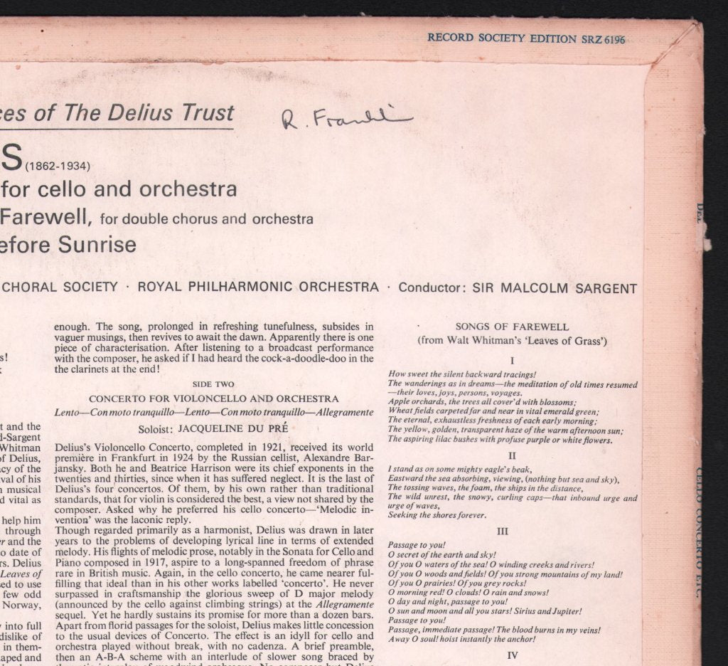 Jacqueline Du Pre / Sir Malcolm Sargent / Royal Choral Society / Royal Philharmonic Orchestra - Delius - Concerto For Cello and Orchestra / Songs of Farewell - Lp