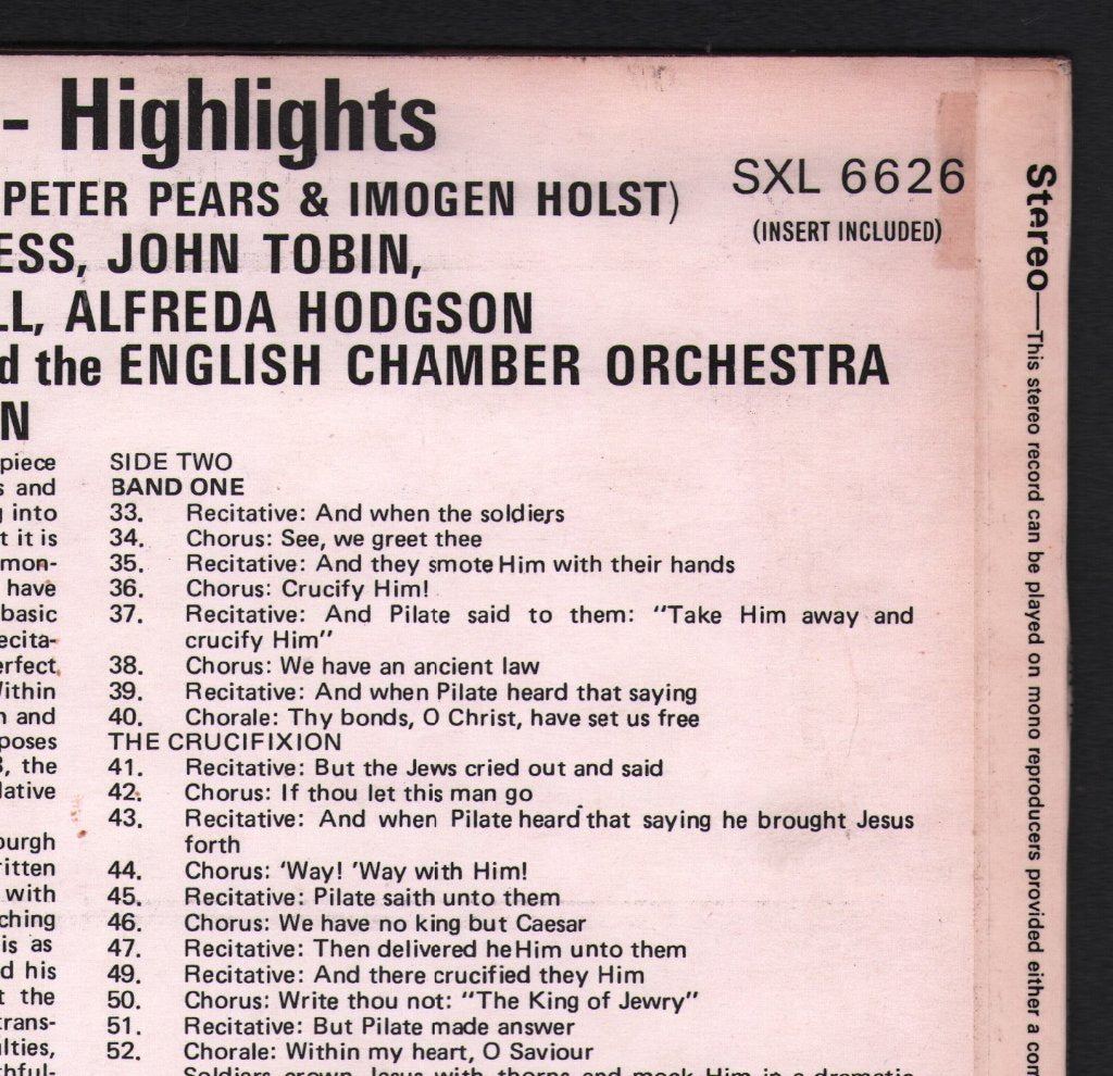 Benjamin Britten / Peter Pears / Heather Harper / Robert Tear / John Shirley-Quirk / English Chamber Orchestra - Bach: St. John Passion Highlights - Lp