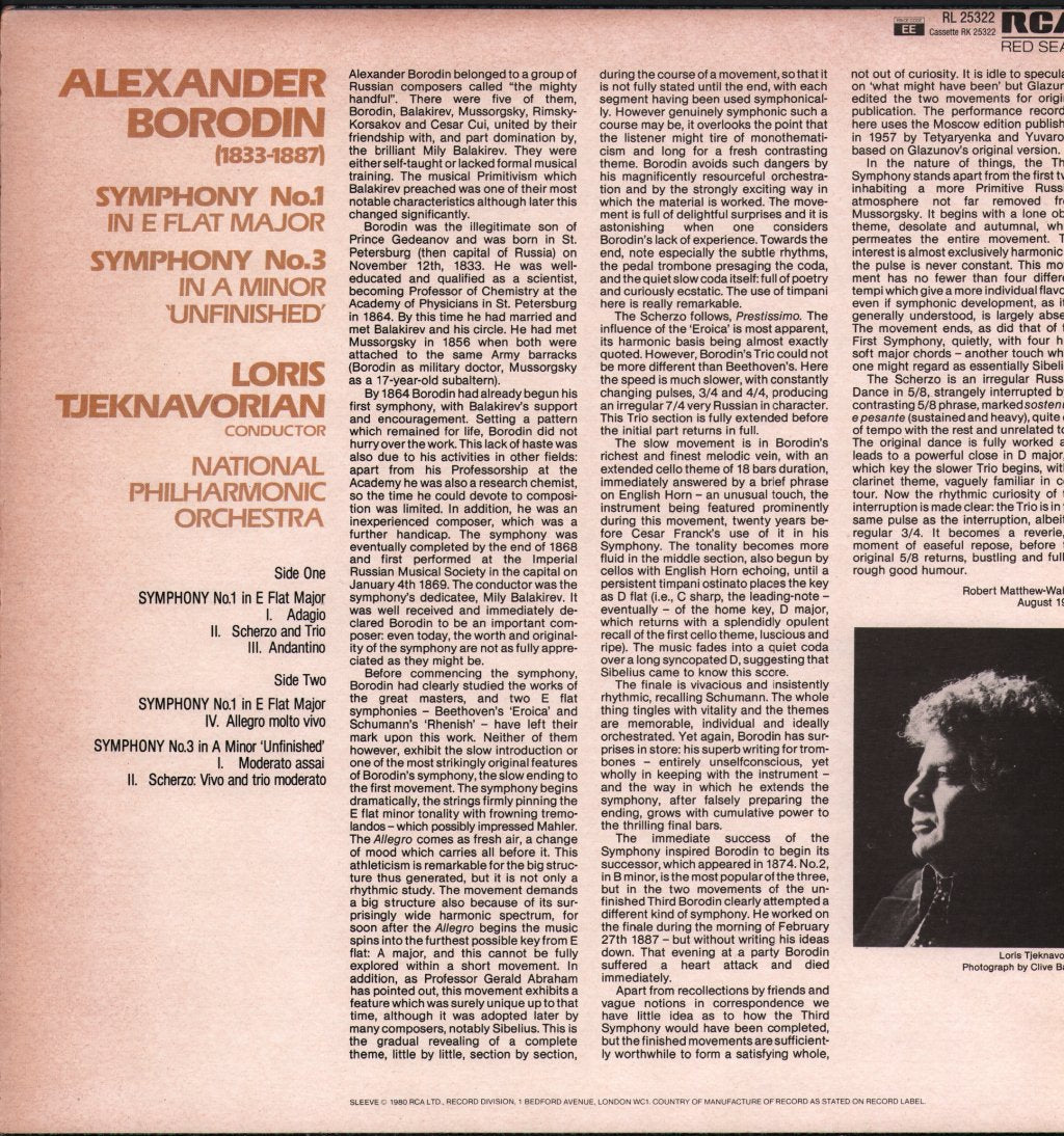 Loris Tjeknavorian / National Philharmonic Orchestra - Borodin - Symphony No. 1 in E Flat Major / Symphony No. 3 In A Minor "Unfinished" - Lp