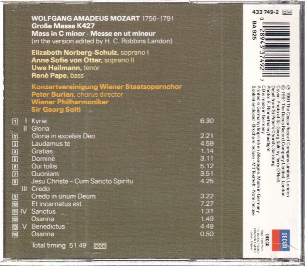 Konzertvereinigung Wiener Staatsopernchor, Wiener Philharmoniker, Sir Georg Solti - Mozart - Große Messe K427 = Mass In C Minor = Messe En Ut Mineur - Cd