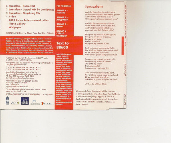 keedie and the england cricket team - Jerusalem - Cd