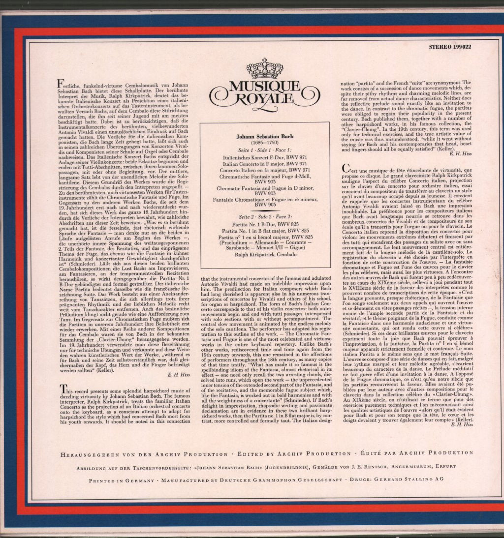 Ralph Kirkpatrick - J.S. Bach - Italienisches Konzert, Chromatische Fantasie / Partita Nr.1 - Lp