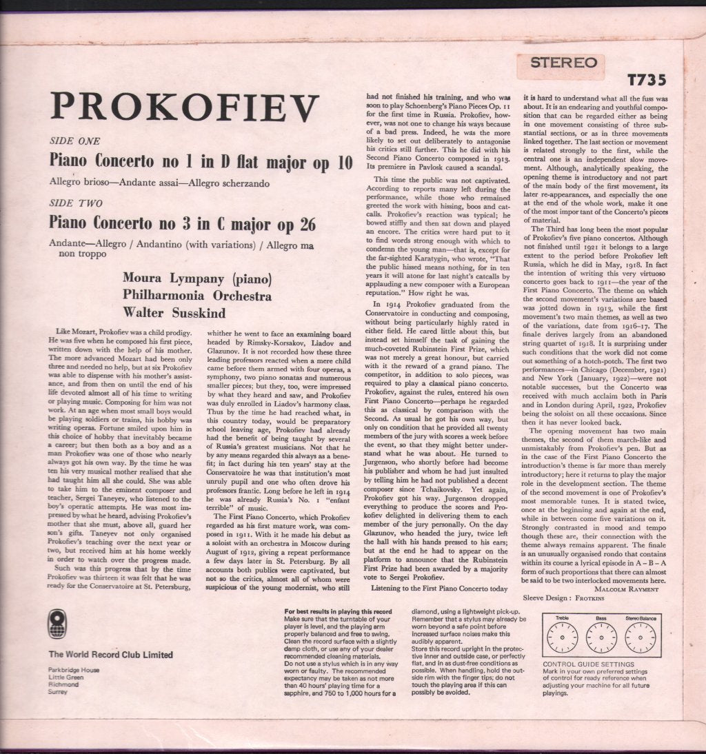 Moura Lympany / Philharmonia Orchestra / Walter Susskind - Prokofieff - Piano Concertos / No. 1 In D Flat Major, Op. 10 / No. 3 In C Minor, Op. 26 - Lp