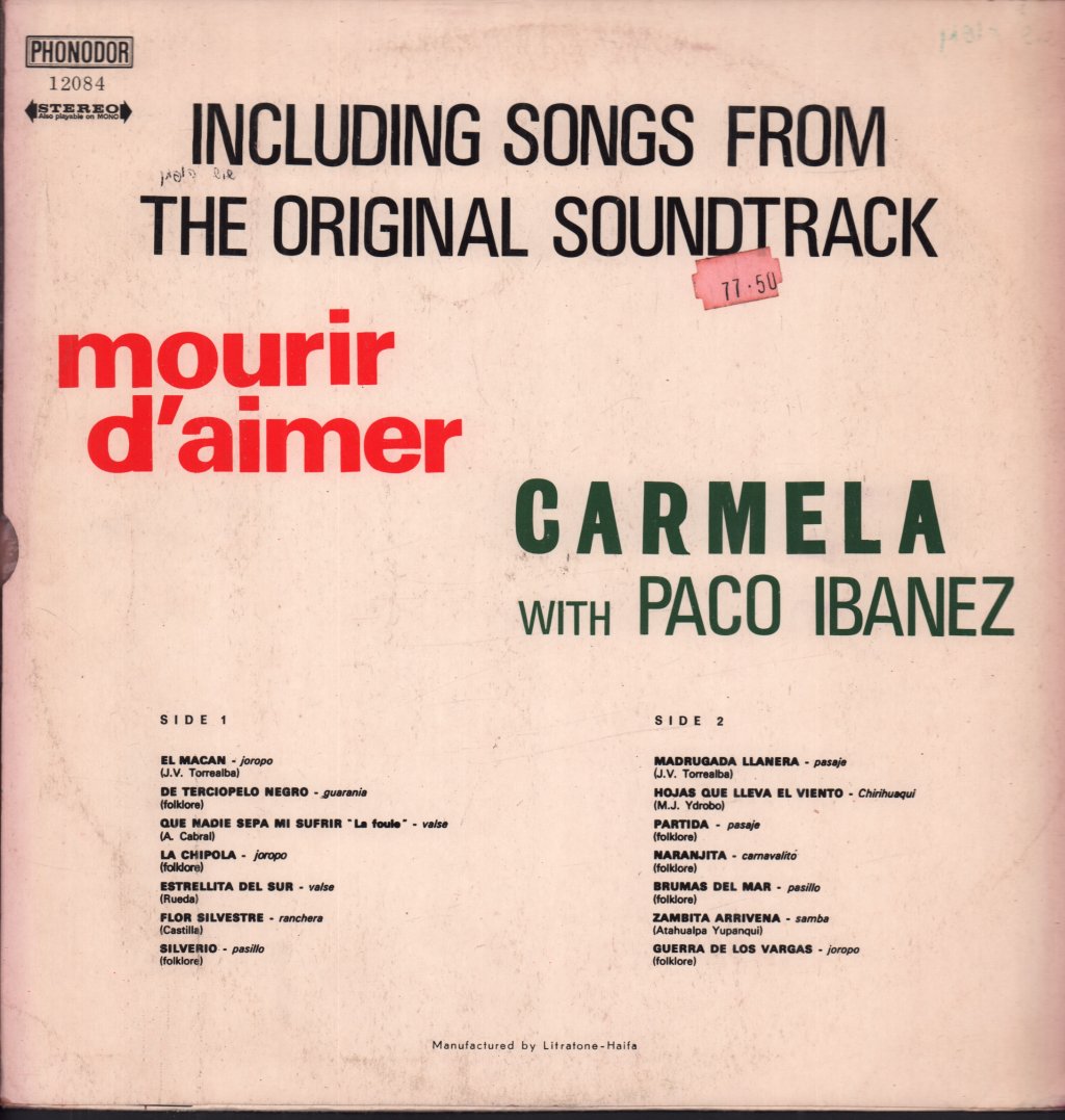 carmela with paco ibanez - Featuring Songs From The Original Soundtrack Mourir D'aimer - Lp