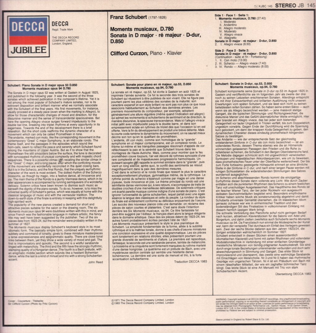 Clifford Curzon - schubert Moments Musicaux, D.780 Sonata In D Major . Re Majeur . D-Dur, D.850 - Lp