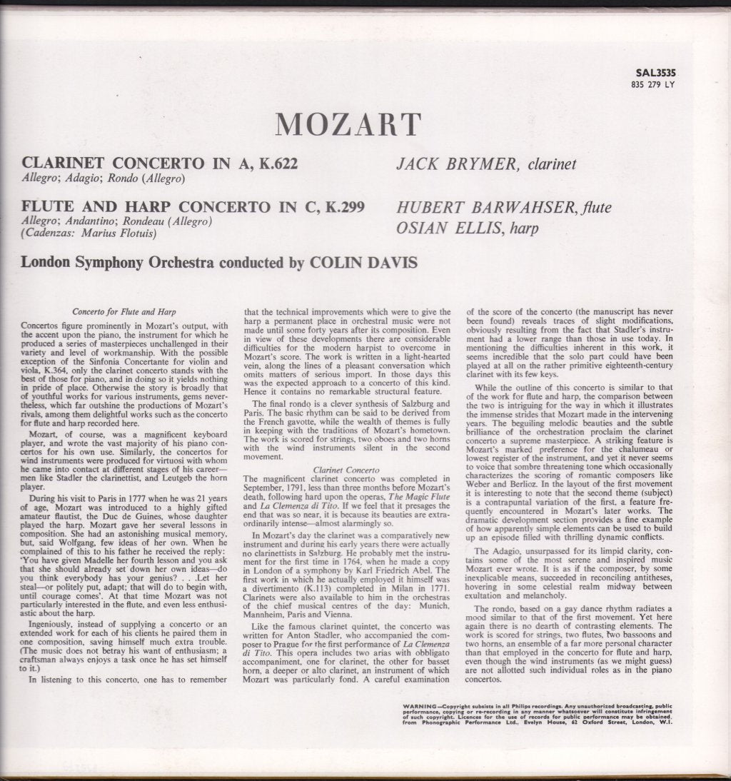 Jack Brymer / Hubert Barwahser / Osian Ellis / Colin Davis / London Symphony Orchestra - Mozart - Clarinet Concerto in A Major / Concerto For Flute And Harp in C Major - Lp
