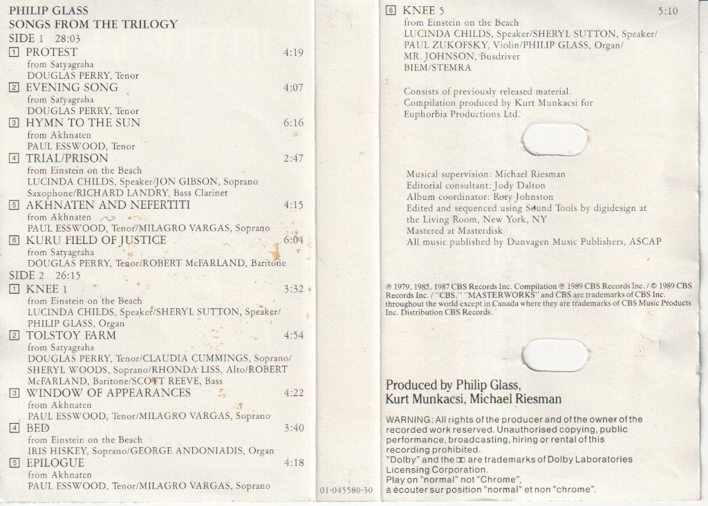 Philip Glass - Songs From The Trilogy - Cassette