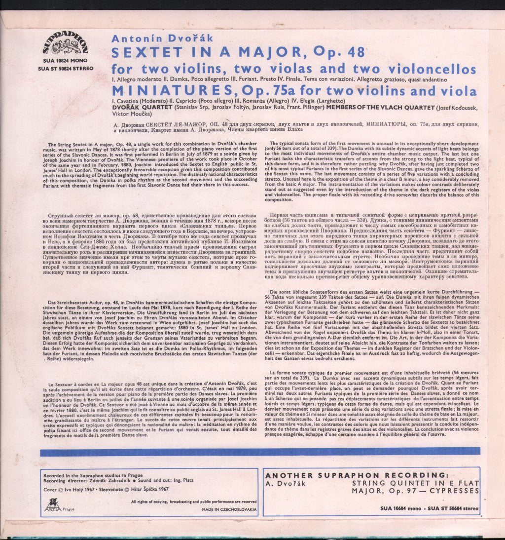 Dvorak Quartet / Members Of The Vlach Quartet - Dvorak - Sextet In A Major / Miniatures - Lp