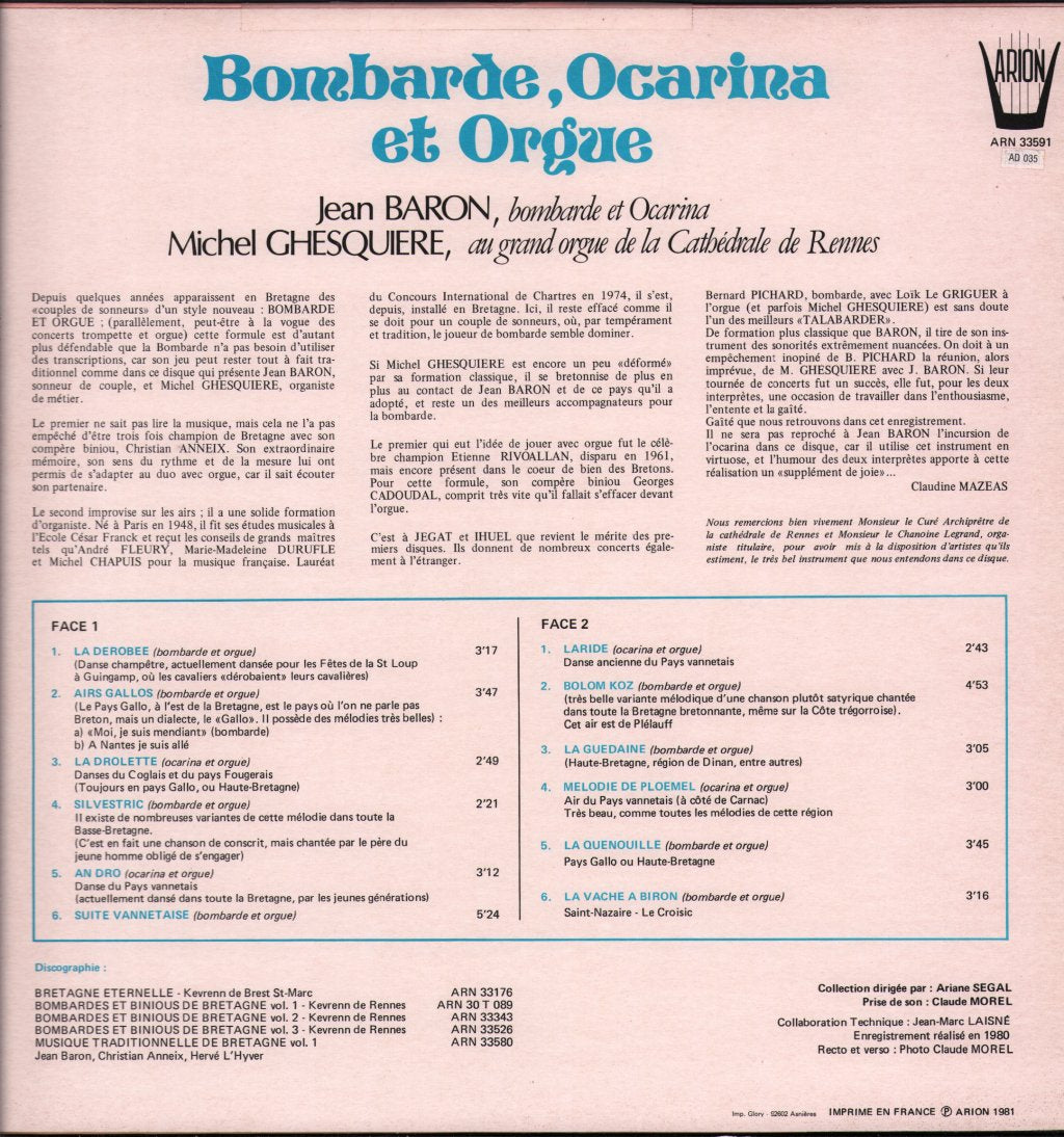 Jean Baron / Michel Ghesquiere - Bombarde, Ocarina Et Orgue - Lp