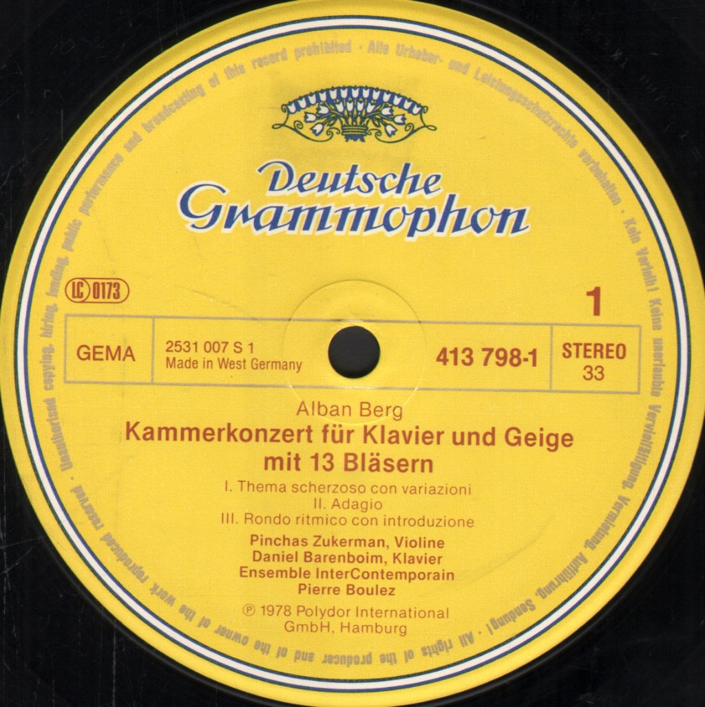 Daniel Barenboim / Pinchas Zukerman / Antony Pay / Ensemble Intercontemporain - Alban Berg - Kammerkonzert / Klaviersonate Op.1 - Lp