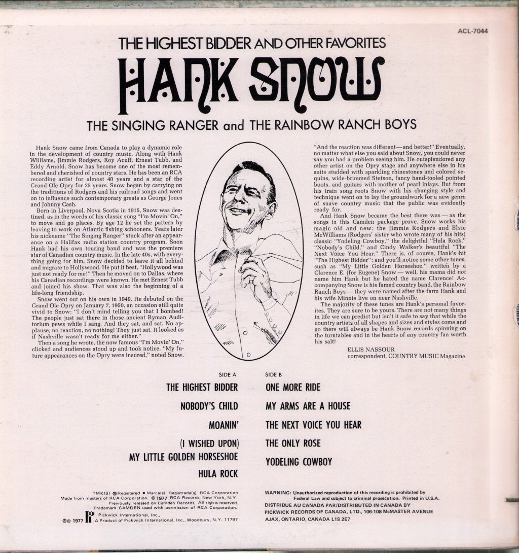 Hank Snow - Highest Bidder And Other Favorites - Lp
