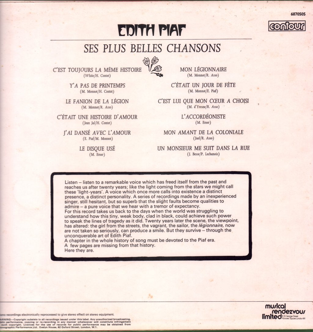 Edith Piaf - Ses Plus Belles Chansons - Lp