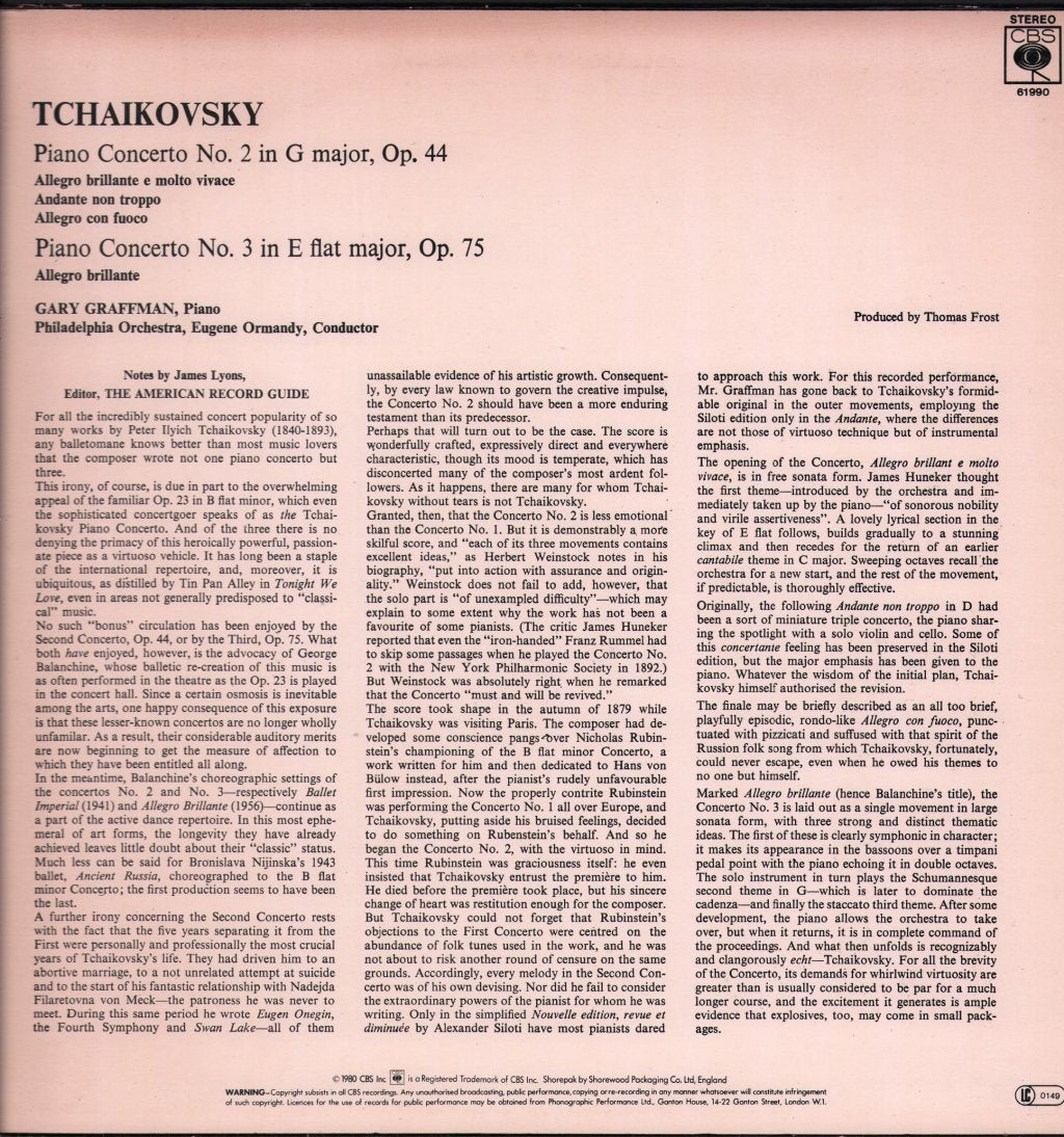 Gary Graffman / Eugene Ormandy / Philadelphia Orchestra - Tchaikovsky - Piano Concertos Nos. 2 & 3 - Lp
