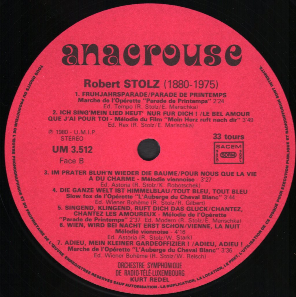 Kurt Redel / Orchestre Symphonique De Radio-Télé-Luxembourg - Robert Stolz - Concert De Gala - Lp