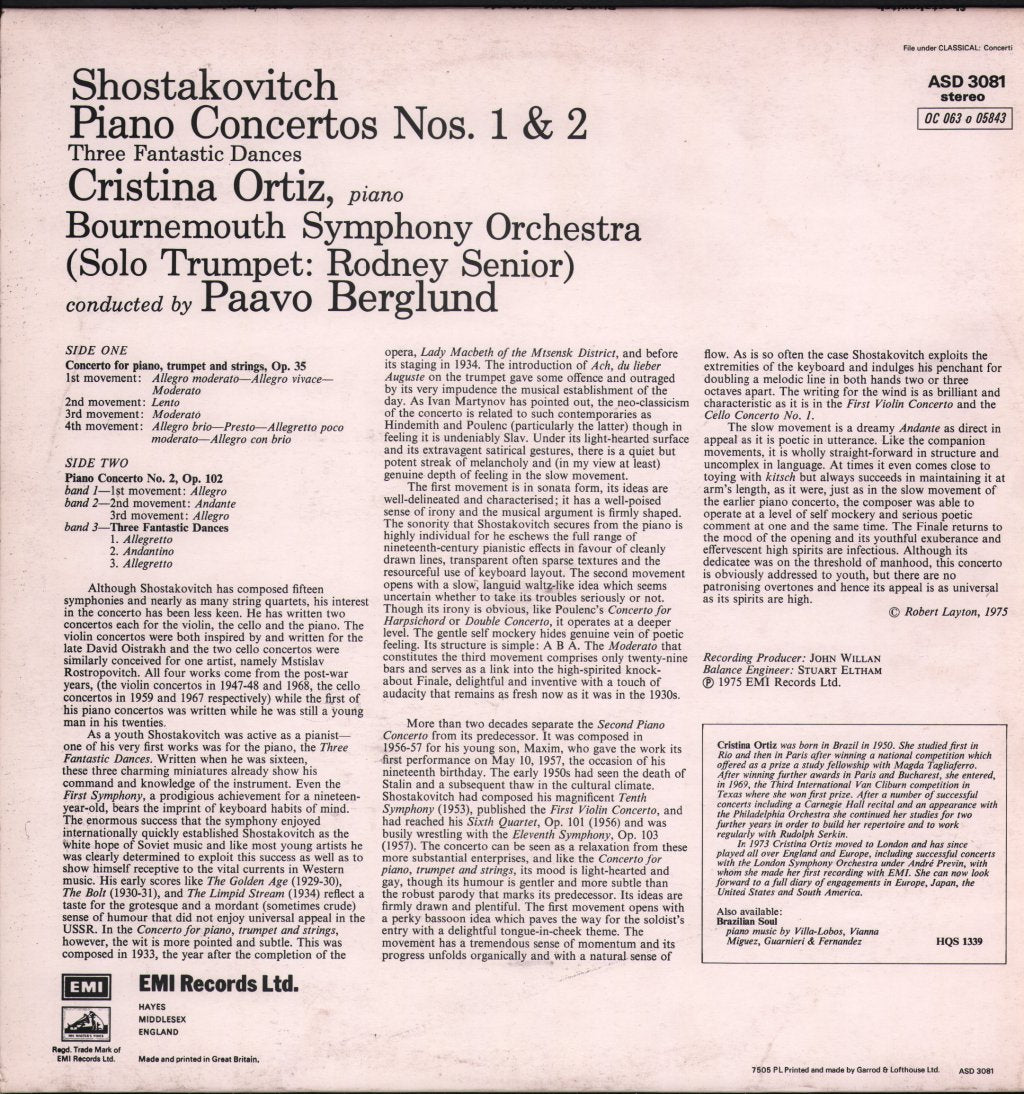 Cristina Ortiz - Shostakovitch Concerto For Piano - Lp