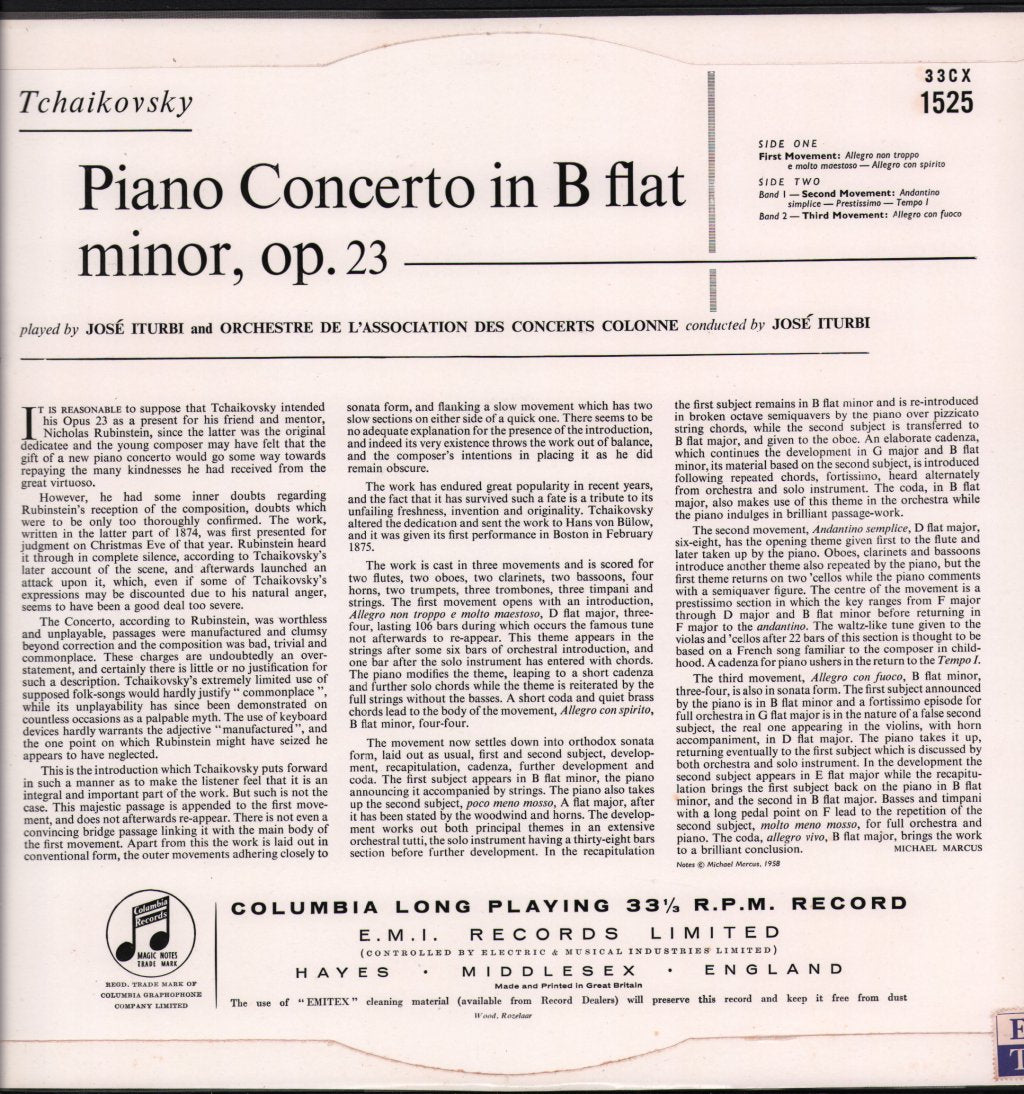 Jose Iturbi / Colonne Orchestra - Tchaikovsky - Piano Concerto in B flat minor - Lp