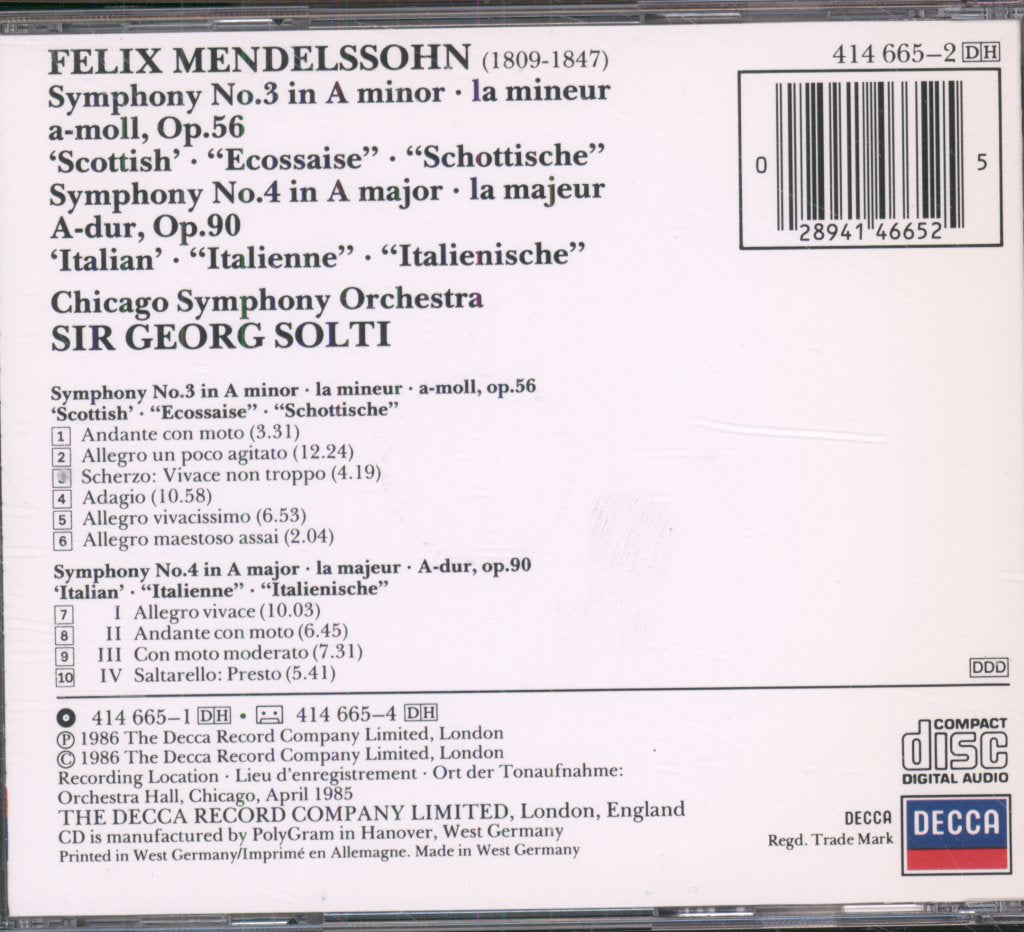 Chicago Symphony Orchestra, Sir Georg Solti - Mendelssohn - Symphony No. 3 / Symphony No. 4 - Cd