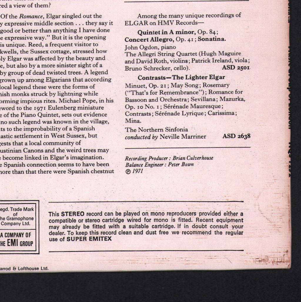 Hugh Bean / David Parkhouse - Elgar - Violin Sonata String Quartet - Lp