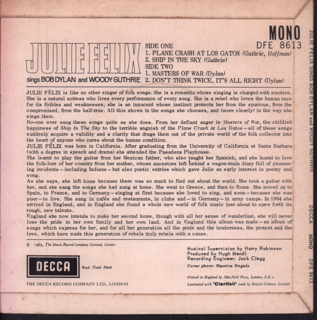 Julie Felix - Sings Bob Dylan And Woody Guthrie - 7 Inch