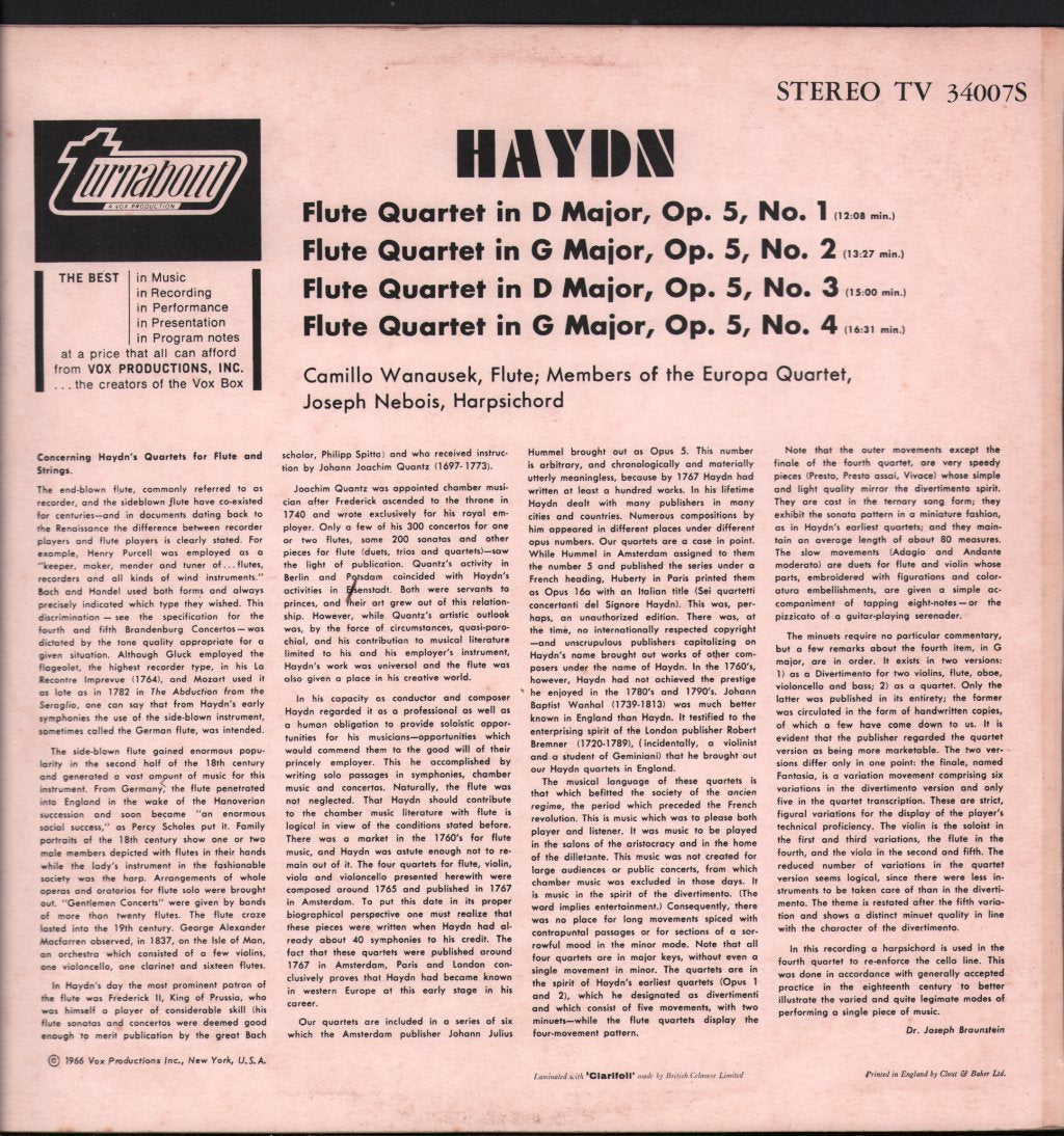Camillo Wanausek / Members Of The Europa Quartet - Haydn - Four Flute Quartets, Op. 5 - Lp