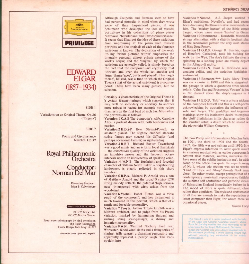 Royal Philharmonic Orchestra / Norman Del Mar - Elgar - Enigma Variations / Pomp And Circumstance - Lp