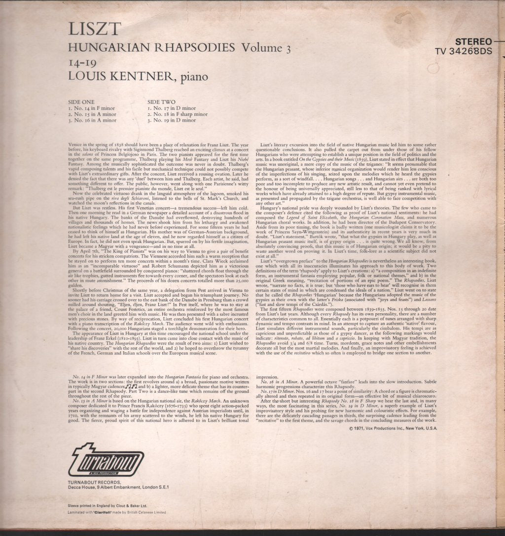 Louis Kentner - Liszt - Hungarian Rhapsodies Volume 3 (14-19) - Lp