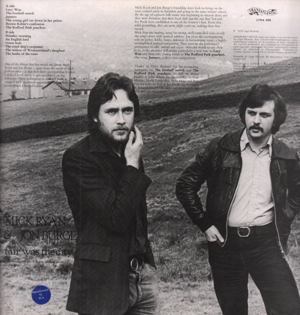 Mick Ryan And Jon Burge - Fair Was The City - Lp