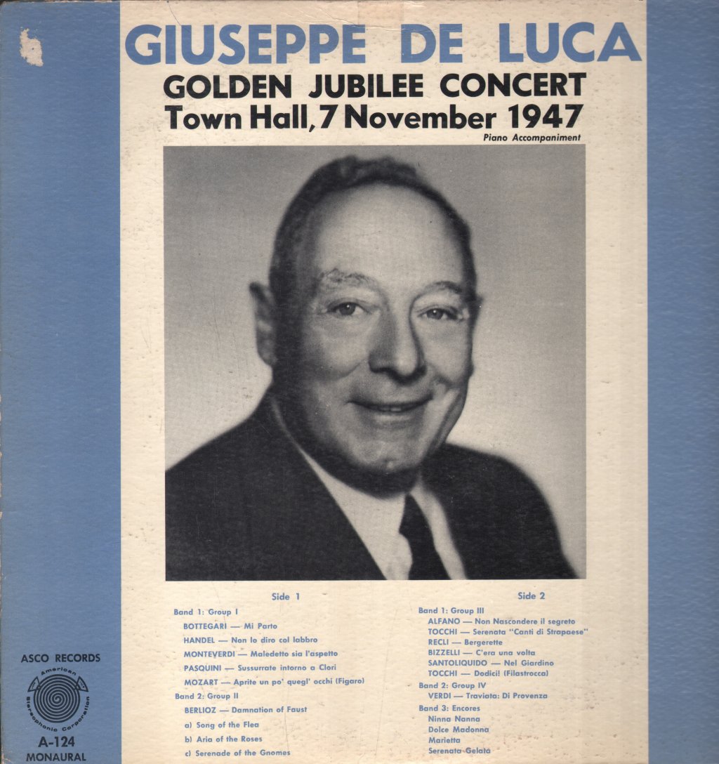 Giuseppe De Luca - Golden Jubilee Concert - Town Hall, 7 November 1947 - Lp