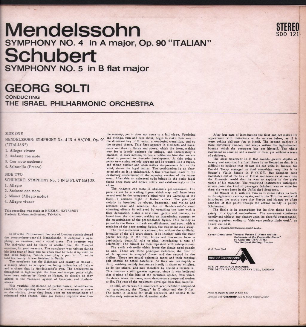 Georg Solti / Israel Philharmonic Orchestra - Mendelssohn - Italian Symphony / Schubert - Symphony No. 5 - Lp