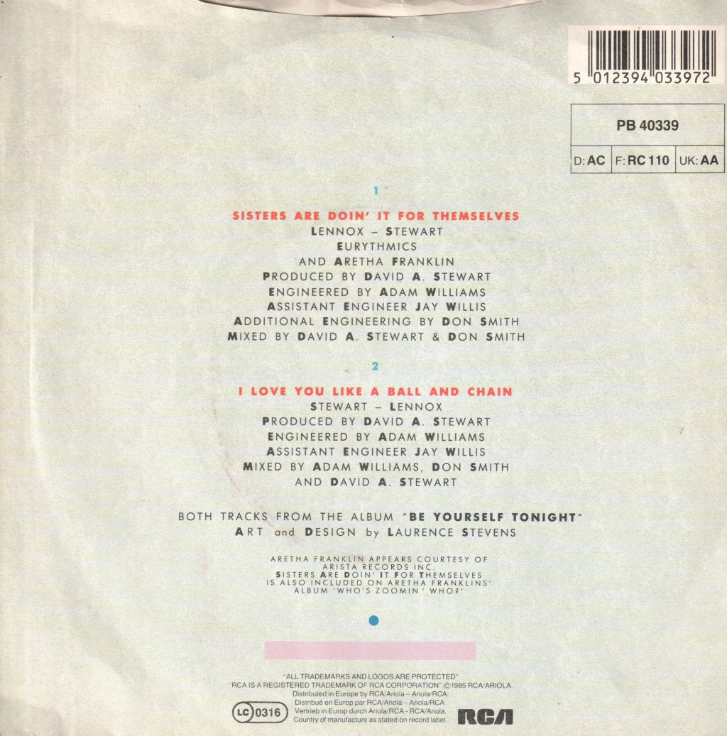 Eurythmics And Aretha Franklin - Sisters Are Doin It For Themselves - 7 Inch