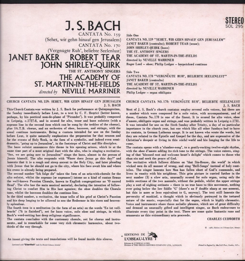Janet Baker / Robert Tear / John Shirley-Quirk /  Neville Marriner / Academy Of St Martin-in-the-Fields - J.S. Bach - Cantatas No. 159 & 170 - Lp