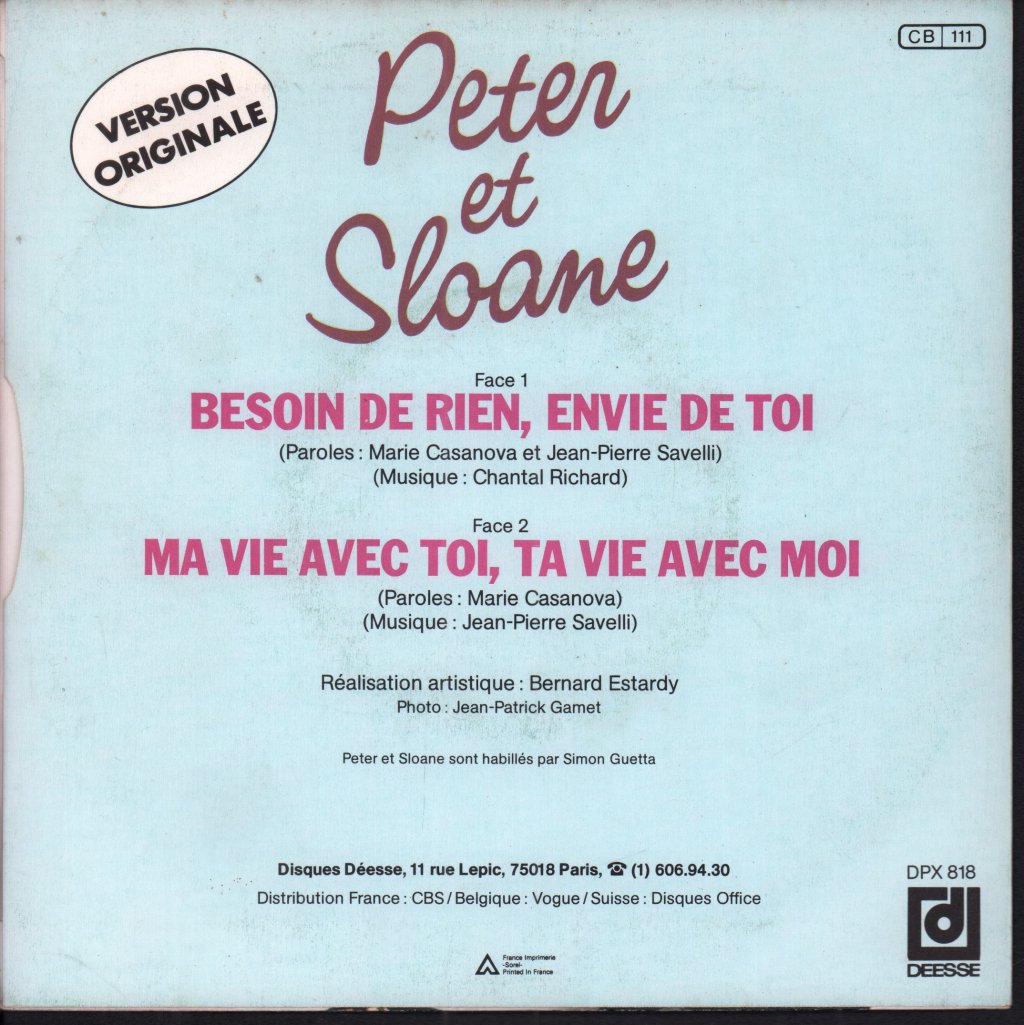 Peter And Sloane - Besoin De Rien Envie De Toi - 7 Inch