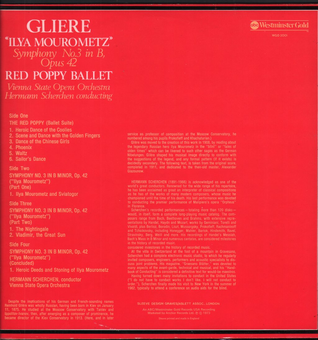 Vienna State Opera Orchestra / Hermann Scherchen - Gliere  - "Ilya Mourometz" Symphony No. 3 In B, Opus 42 / Red Poppy Ballet - Double Lp