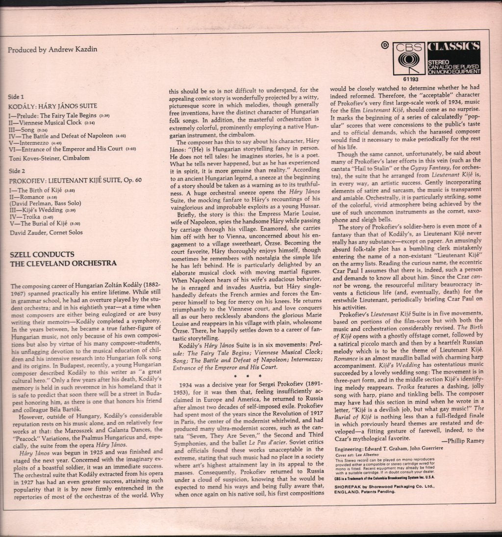 George Szell / Cleveland Orchestra - Kodaly - Háry János Suite / Prokofiev - Lieutenant Kijé Suite - Lp