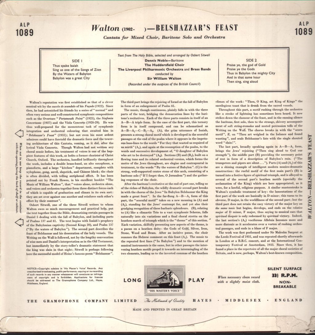 Sir William Walton / Huddersfield Choral Society / Dennis Noble / Liverpool Philharmonic Orchestra - Walton - Belshazzar's Feast - Lp