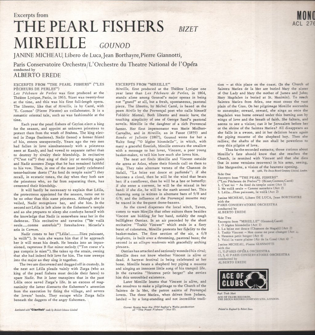 Janine Micheau / Libero De Luca / Jean Borthayre / PCO / Alberto Erede - Excerpts From The Pearl Fishers & Mireille - Lp