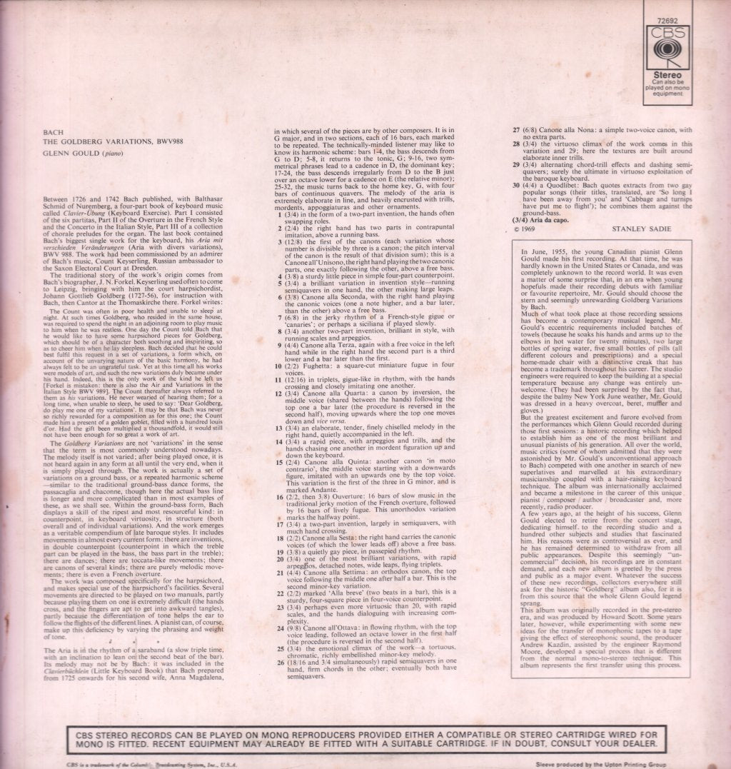 Glenn Gould - Bach The Goldberg Variations - Lp