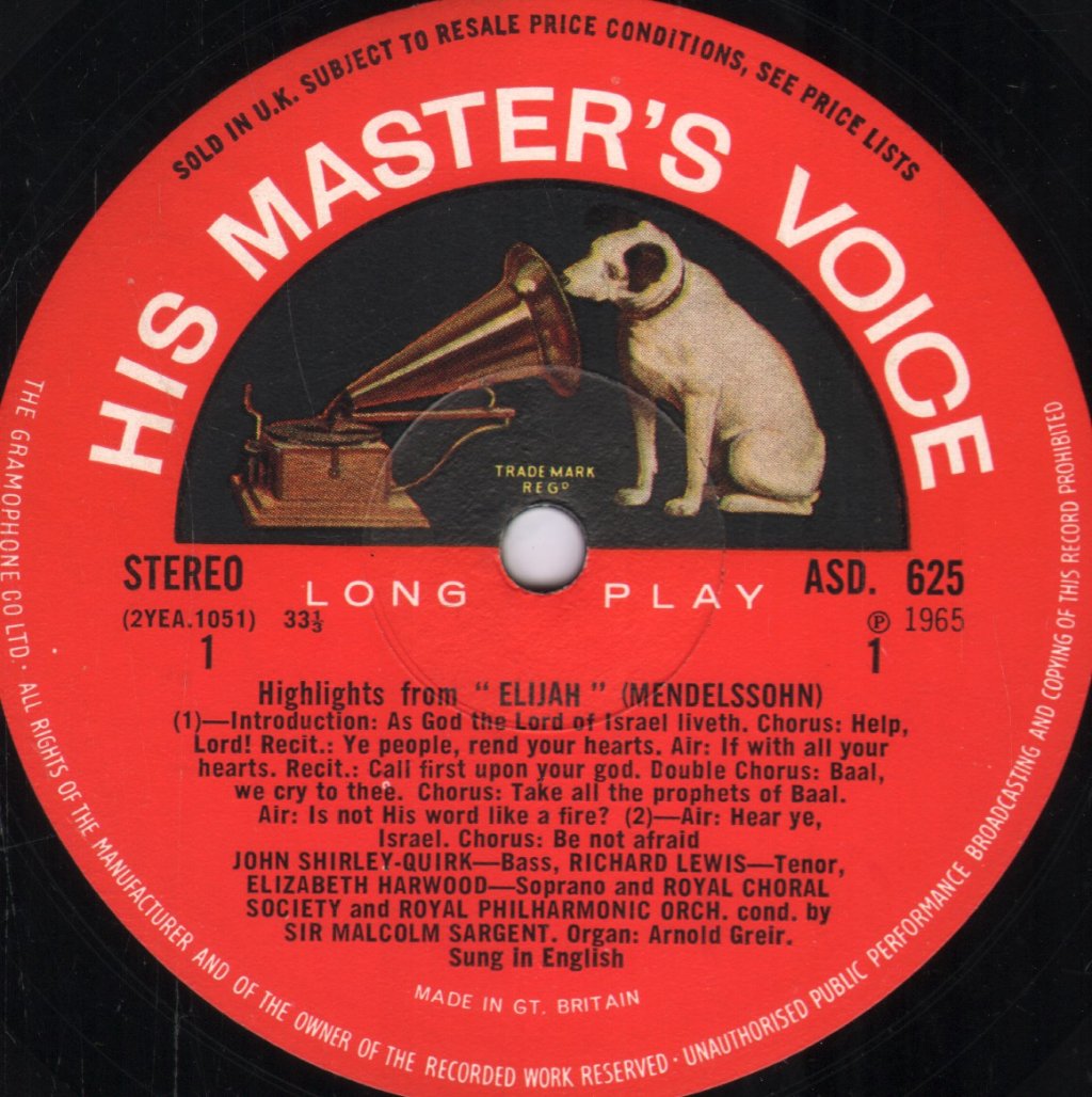 Sir Malcolm Sargent / Royal Philharmonic Orchestra / Elizabeth Harwood / Marjorie Thomas - Mendelssohn - Elijah Highlights - Lp