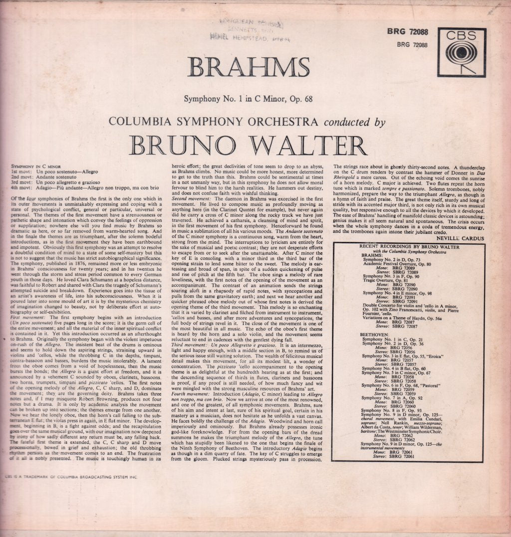 Columbia Symphony Orchestra - Brahms Symphony No. 1 In C Minor, Op. 68 - Lp