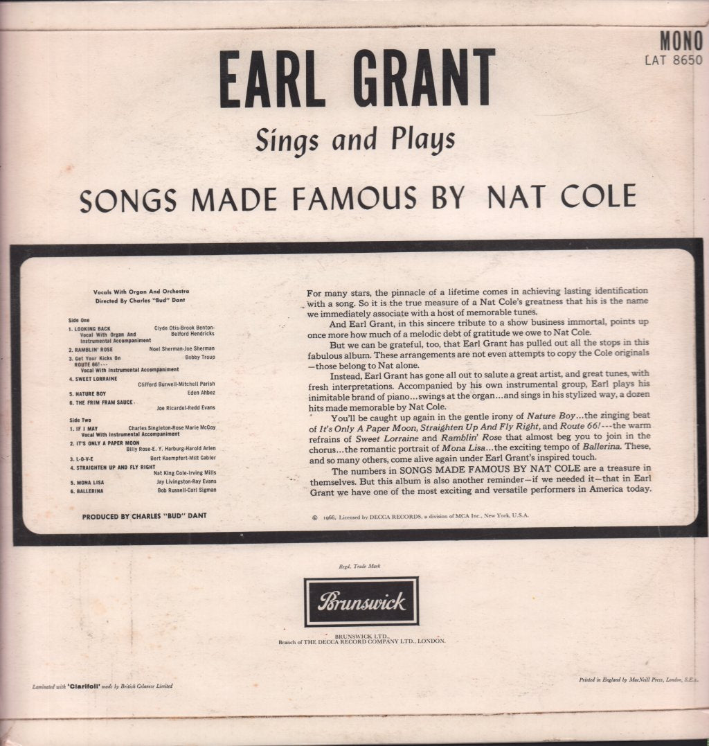 Earl Grant - Songs Made Famous By Nat Cole - Lp