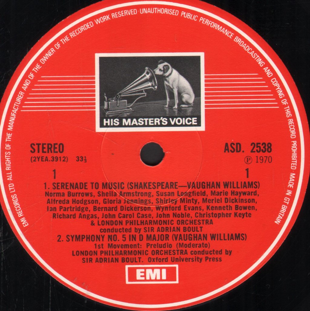 Sir Adrian Boult / London Philharmonic Orchestra - Vaughan Williams Symphony No. 5 / Serenade To Music - Lp