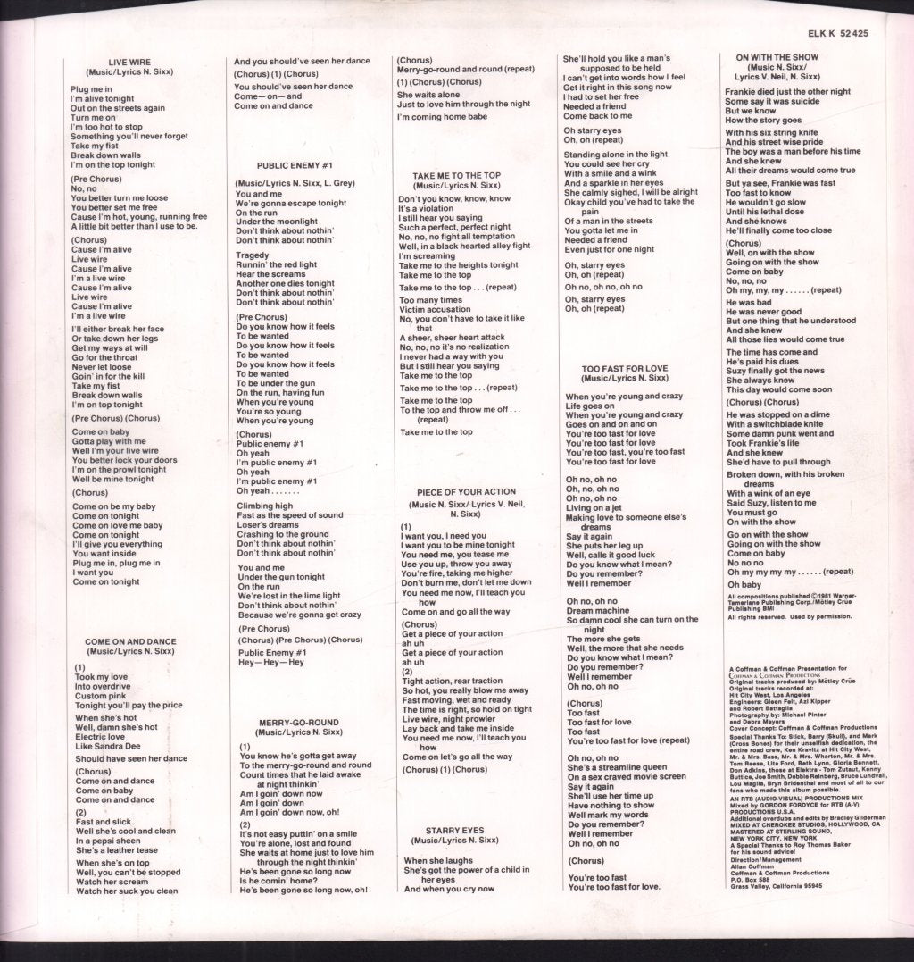 Motley Crue - Too Fast For Love - Lp