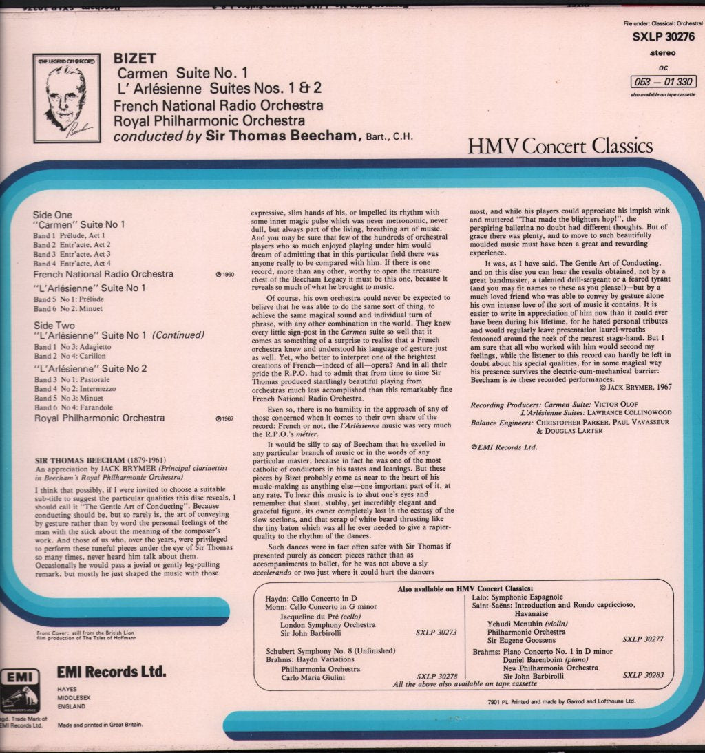 Sir Thomas Beecham / French National Radio Orchestra / Royal Philharmonic Orchestra - Bizet - Carmen Suite No. 1 / L'Arlésienne Suites 1 & 2 - Lp